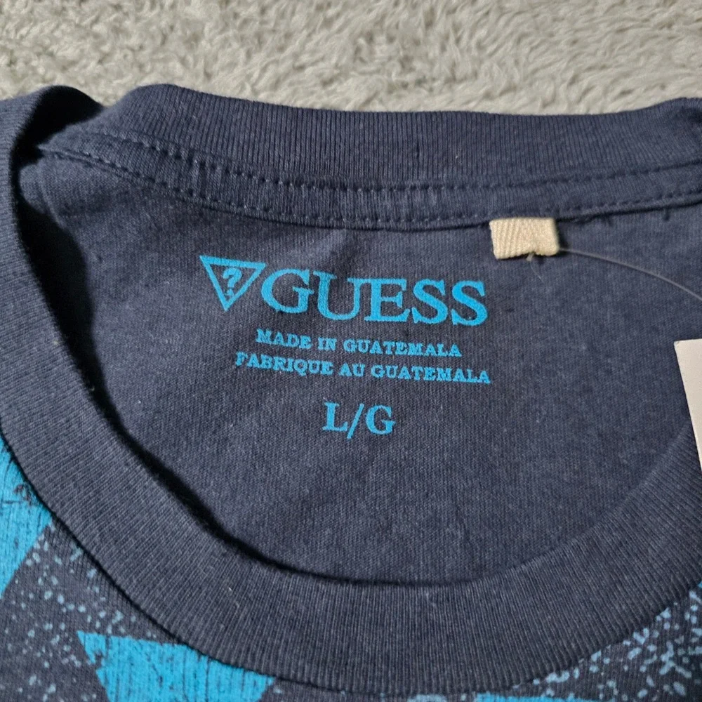 Guess Mens Large T-Shirt Officer Blue Macfarlane Print Geometric Striped Logo - Picture 4 of 7
